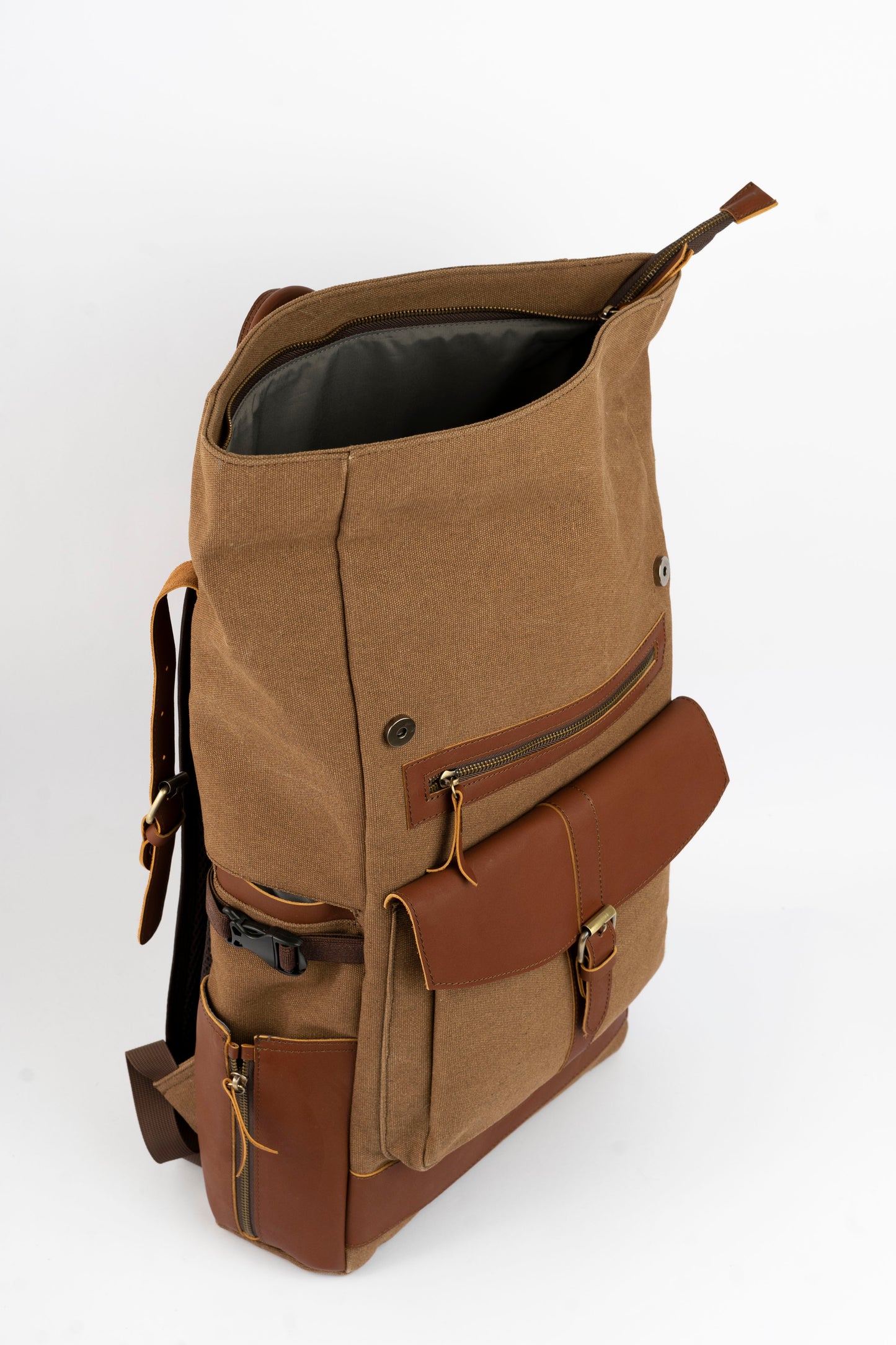 Rolltop vintage backpack''100% Cotton canvas & Cow leather'' – Tan
