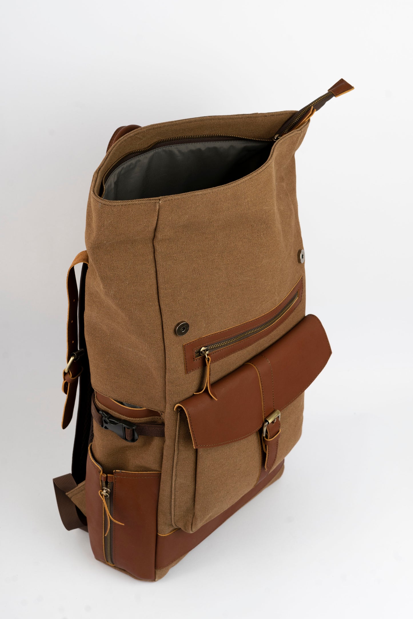 Rolltop vintage backpack''100% Cotton canvas & Cow leather'' – Tan
