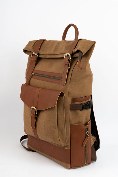 Rolltop vintage backpack''100% Cotton canvas & Cow leather'' – Tan