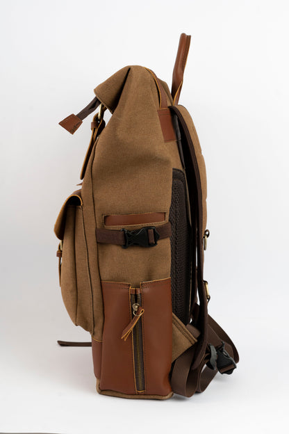 Rolltop vintage backpack''100% Cotton canvas & Cow leather'' – Tan