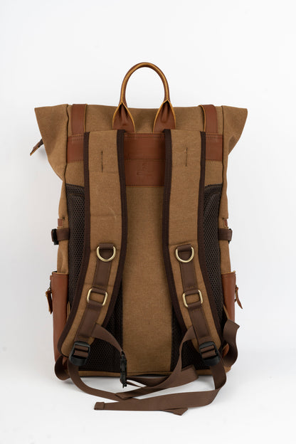 Rolltop vintage backpack''100% Cotton canvas & Cow leather'' – Tan