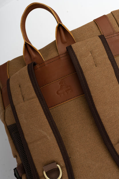 Rolltop vintage backpack''100% Cotton canvas & Cow leather'' – Tan