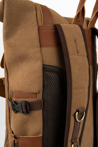 Rolltop vintage backpack''100% Cotton canvas & Cow leather'' – Tan