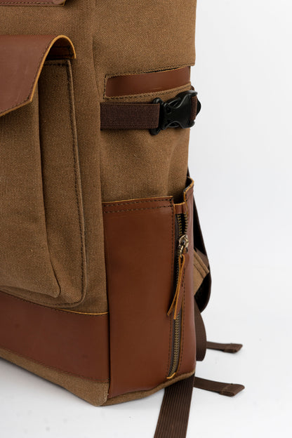 Rolltop vintage backpack''100% Cotton canvas & Cow leather'' – Tan