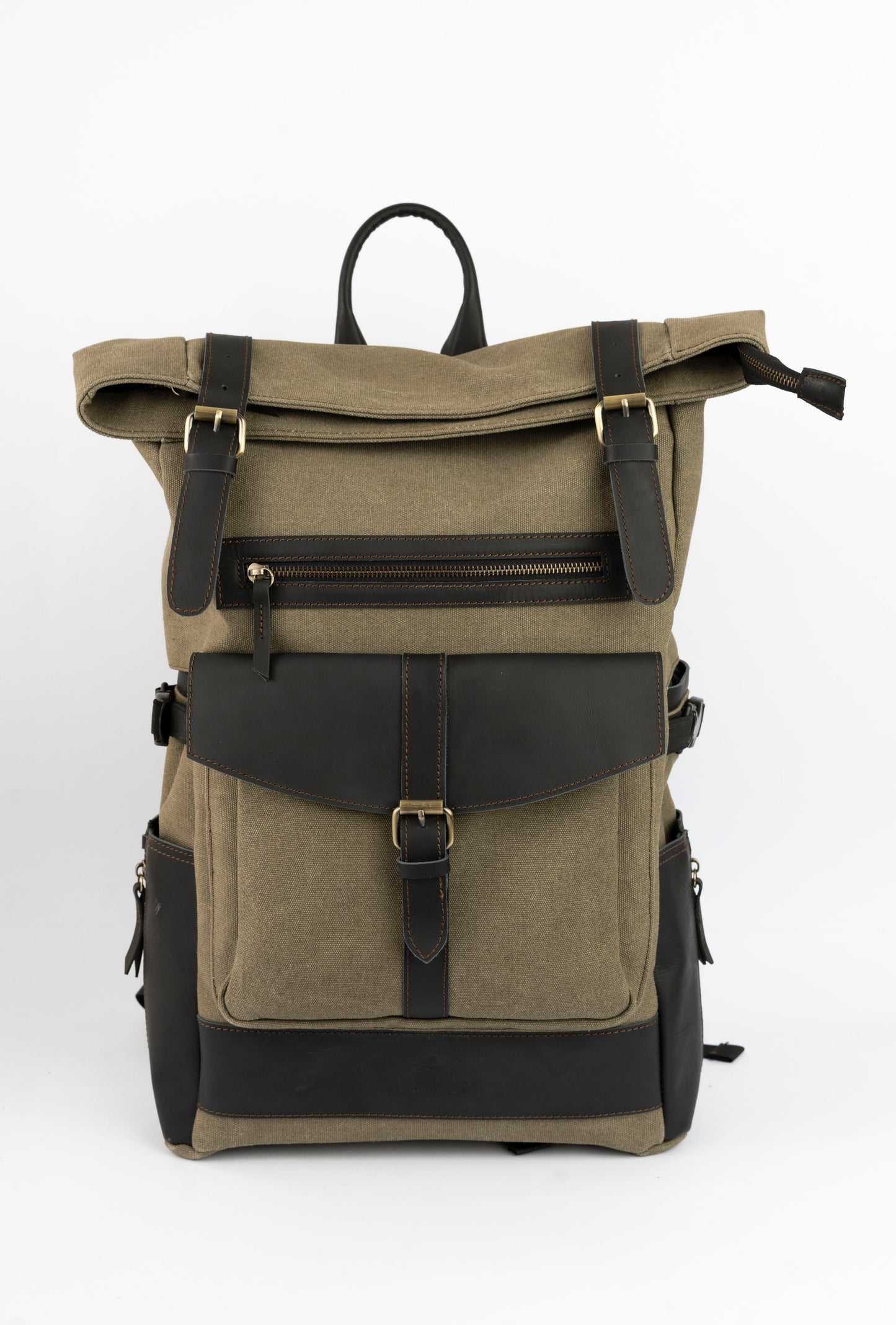 Rolltop vintage backpack''100% Cotton canvas & Cow leather'' – Army