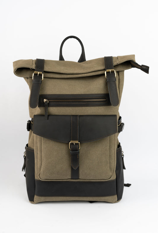 Rolltop vintage backpack''100% Cotton canvas & Cow leather'' – Army