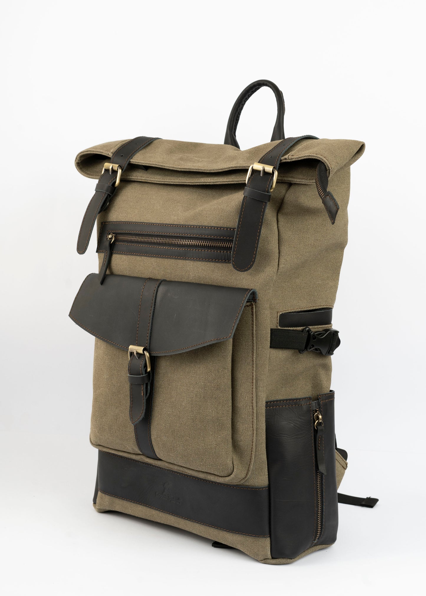 Rolltop vintage backpack''100% Cotton canvas & Cow leather'' – Army