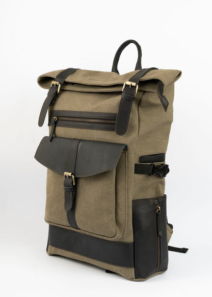 Rolltop vintage backpack''100% Cotton canvas & Cow leather'' – Army