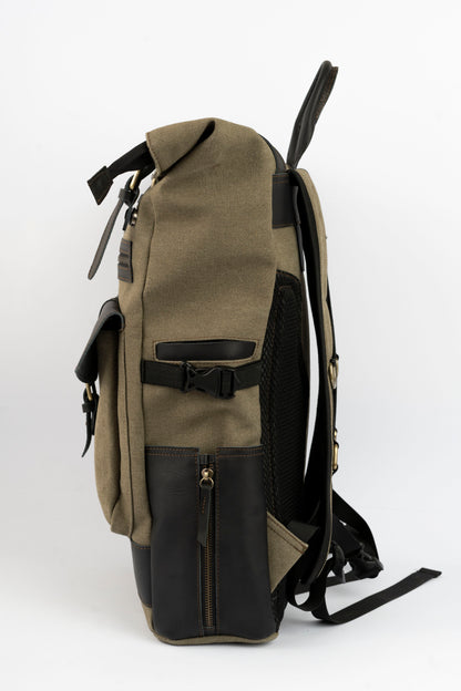 Rolltop vintage backpack''100% Cotton canvas & Cow leather'' – Army