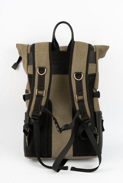 Rolltop vintage backpack''100% Cotton canvas & Cow leather'' – Army