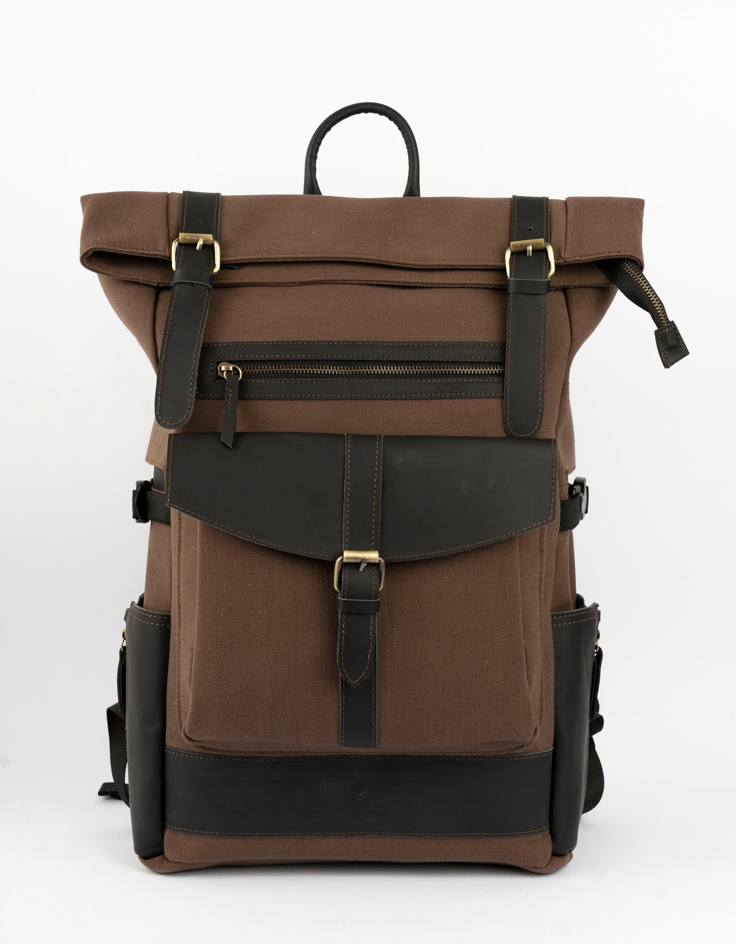 Rolltop vintage backpack''100% Cotton canvas & Cow leather'' – solid brown