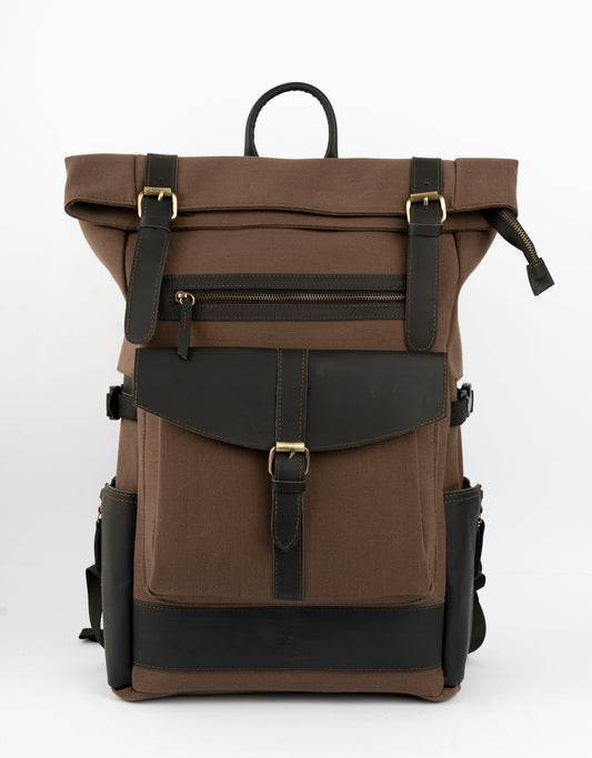 Rolltop vintage backpack''100% Cotton canvas & Cow leather'' – solid brown