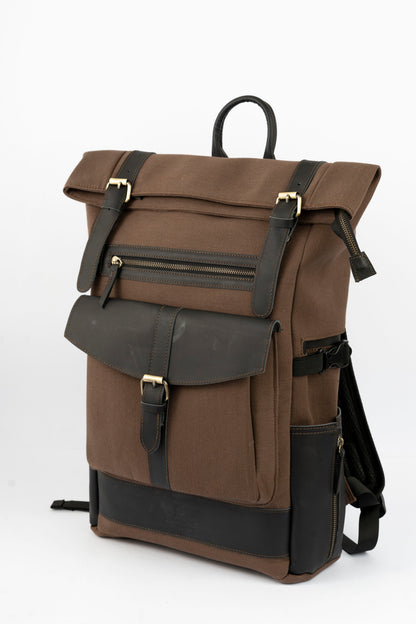 Rolltop vintage backpack''100% Cotton canvas & Cow leather'' – solid brown