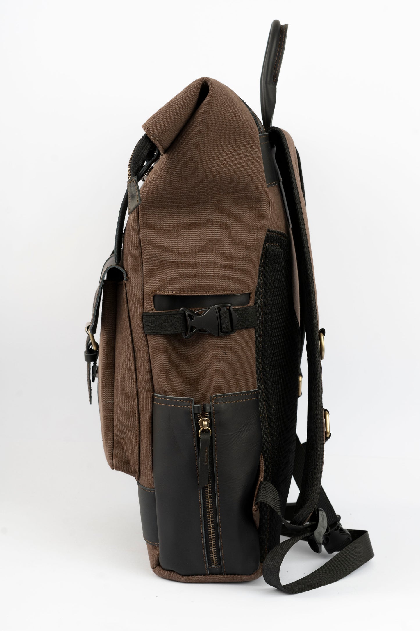 Rolltop vintage backpack''100% Cotton canvas & Cow leather'' – solid brown