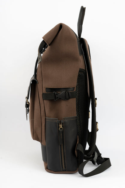 Rolltop vintage backpack''100% Cotton canvas & Cow leather'' – solid brown