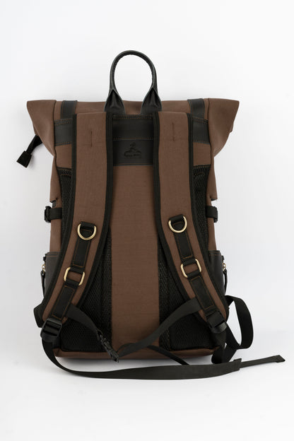 Rolltop vintage backpack''100% Cotton canvas & Cow leather'' – solid brown