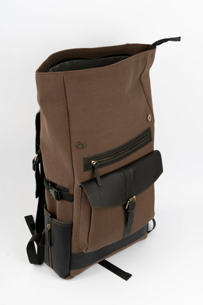 Rolltop vintage backpack''100% Cotton canvas & Cow leather'' – solid brown