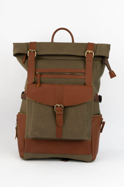 Rolltop vintage backpack''100% Cotton canvas & Cow leather'' – army brown