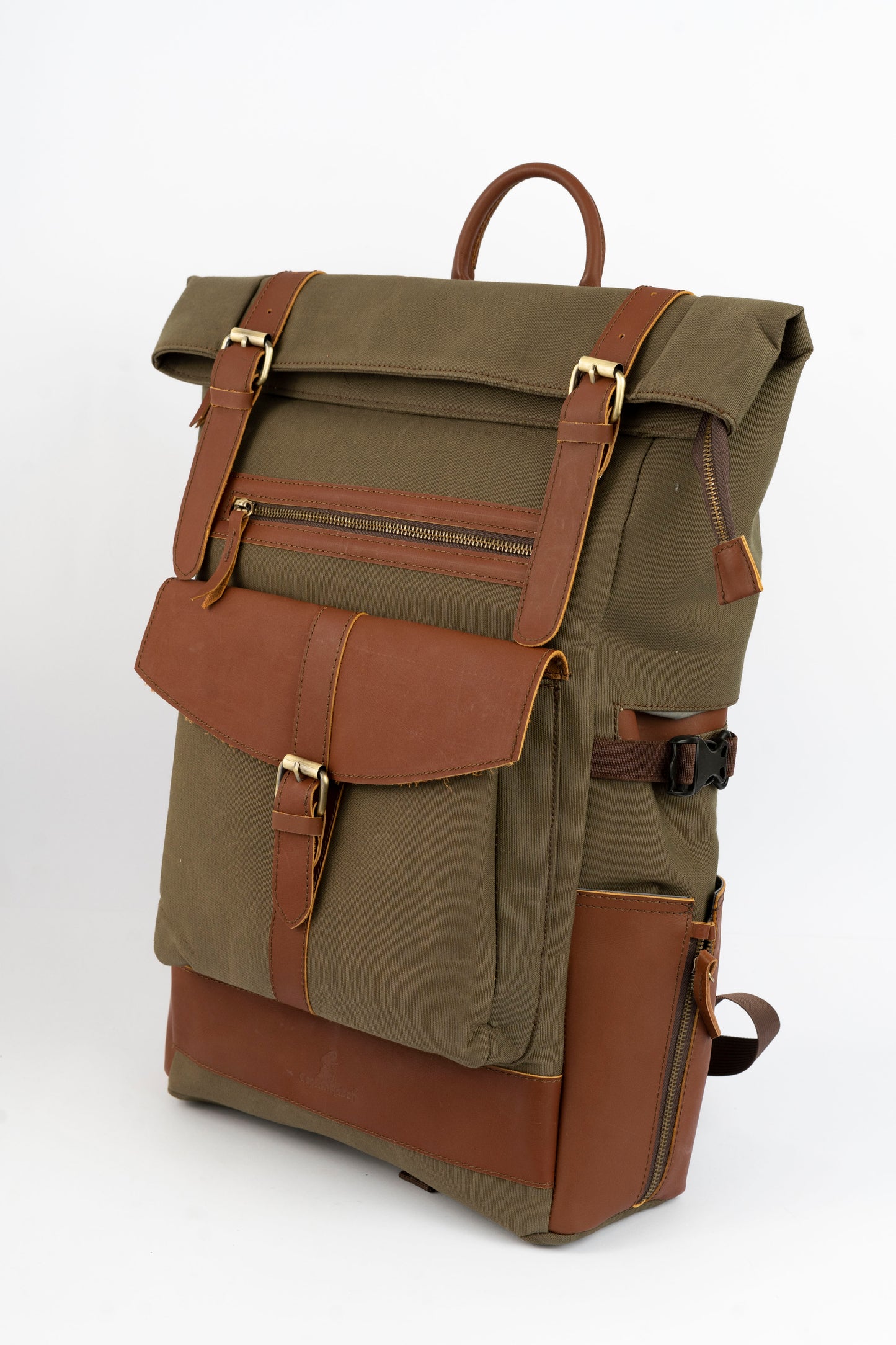 Rolltop vintage backpack''100% Cotton canvas & Cow leather'' – army brown