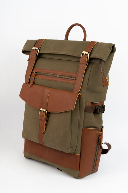 Rolltop vintage backpack''100% Cotton canvas & Cow leather'' – army brown