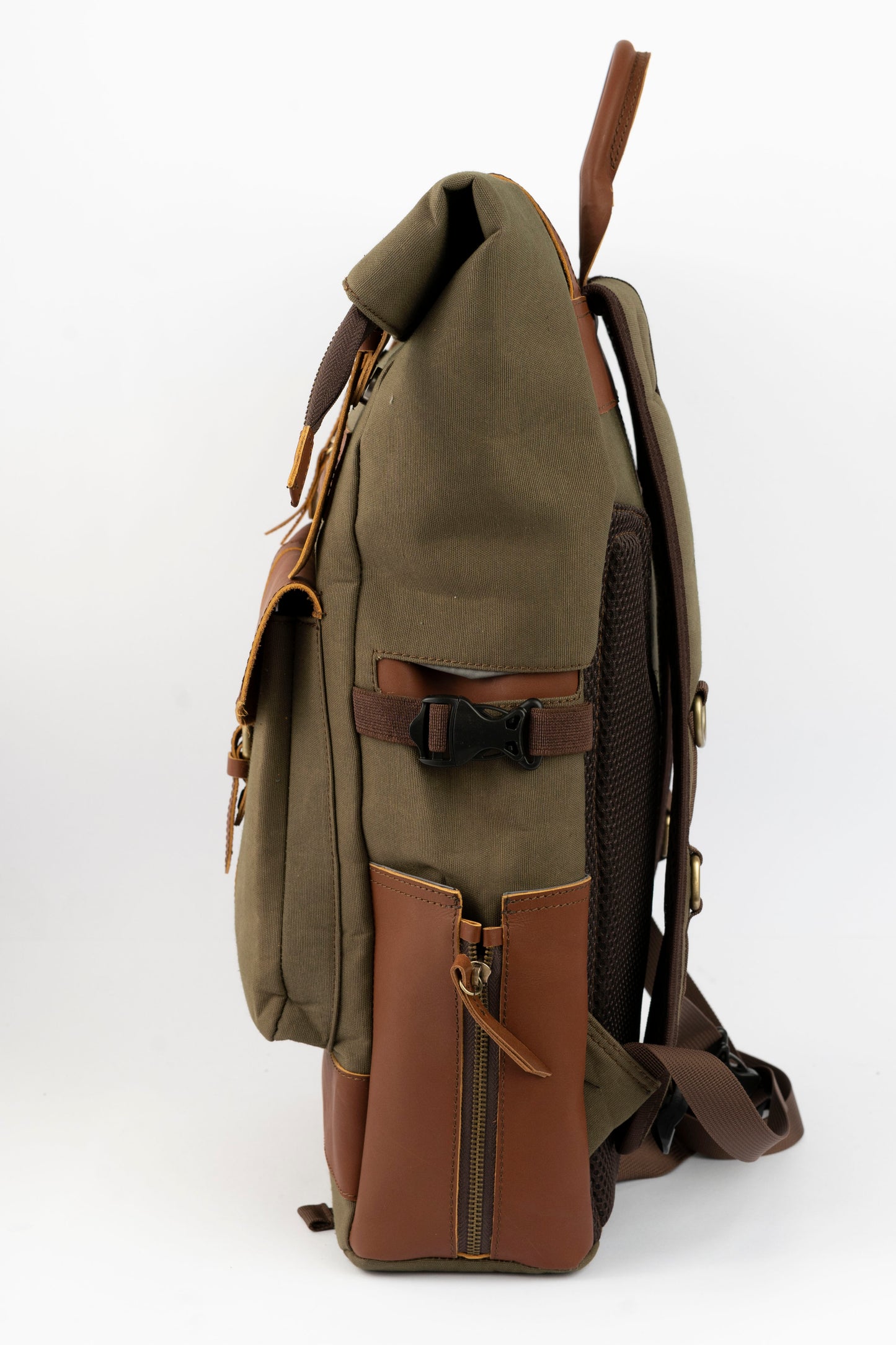 Rolltop vintage backpack''100% Cotton canvas & Cow leather'' – army brown