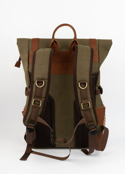 Rolltop vintage backpack''100% Cotton canvas & Cow leather'' – army brown