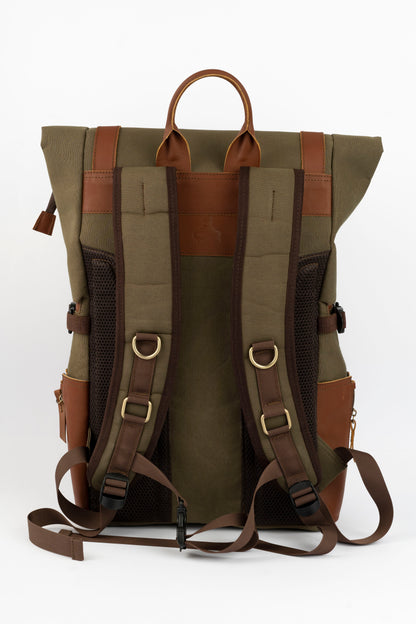Rolltop vintage backpack''100% Cotton canvas & Cow leather'' – army brown