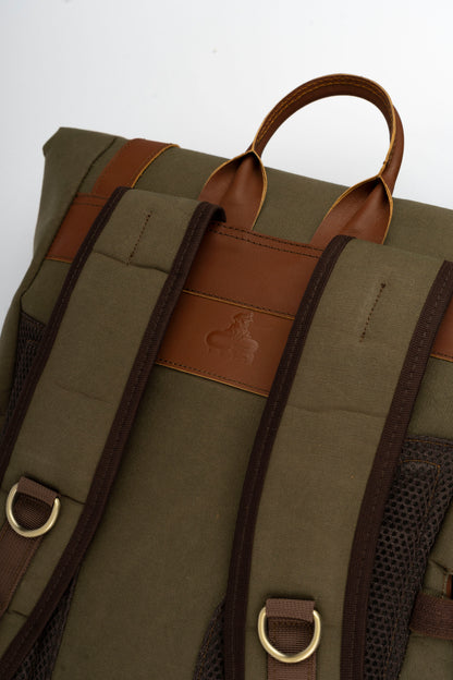 Rolltop vintage backpack''100% Cotton canvas & Cow leather'' – army brown