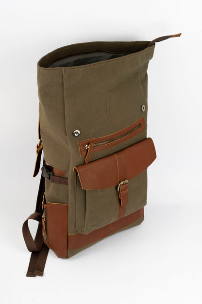 Rolltop vintage backpack''100% Cotton canvas & Cow leather'' – army brown