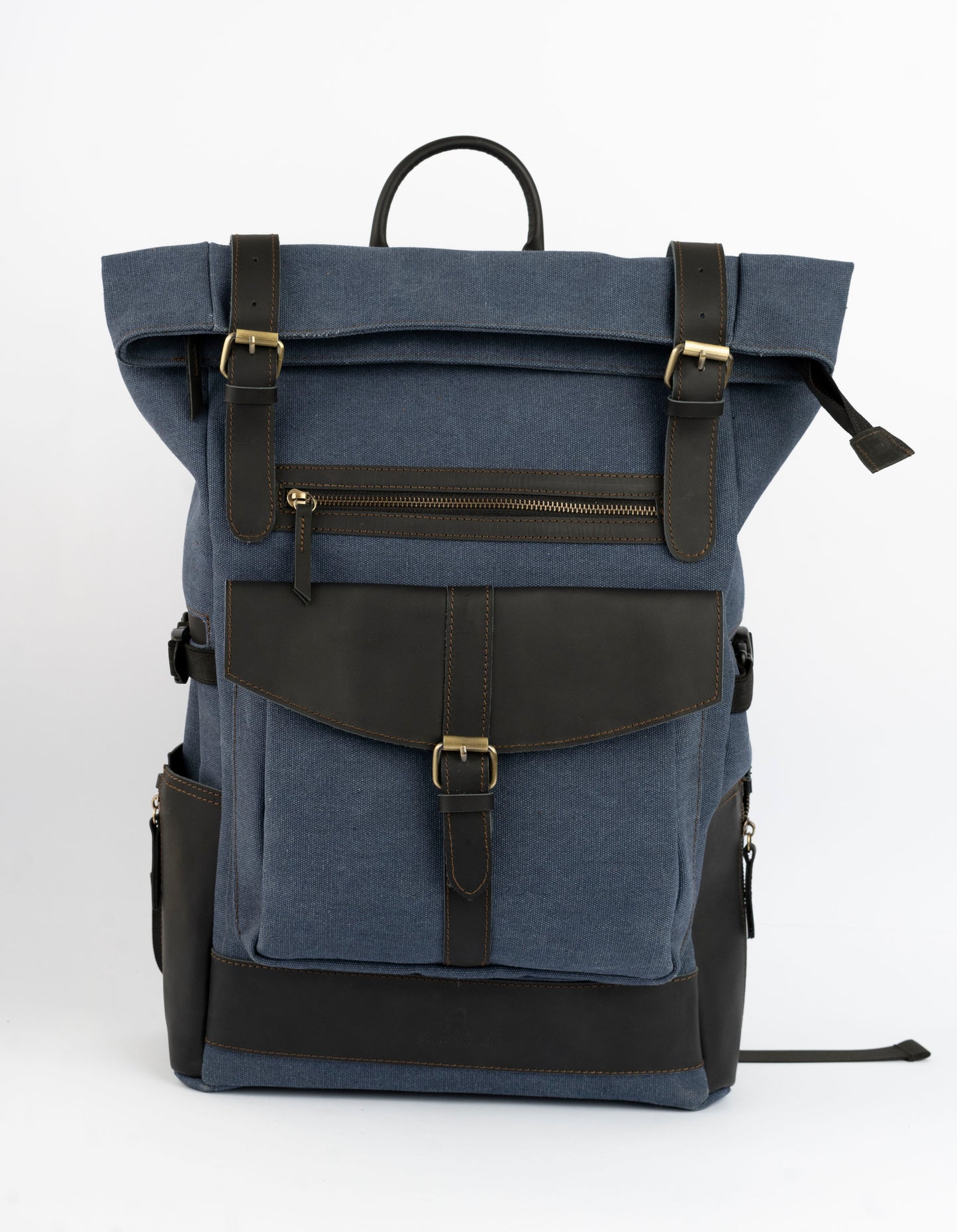 Rolltop vintage backpack''100% Cotton canvas & Cow leather'' – Navy Blue