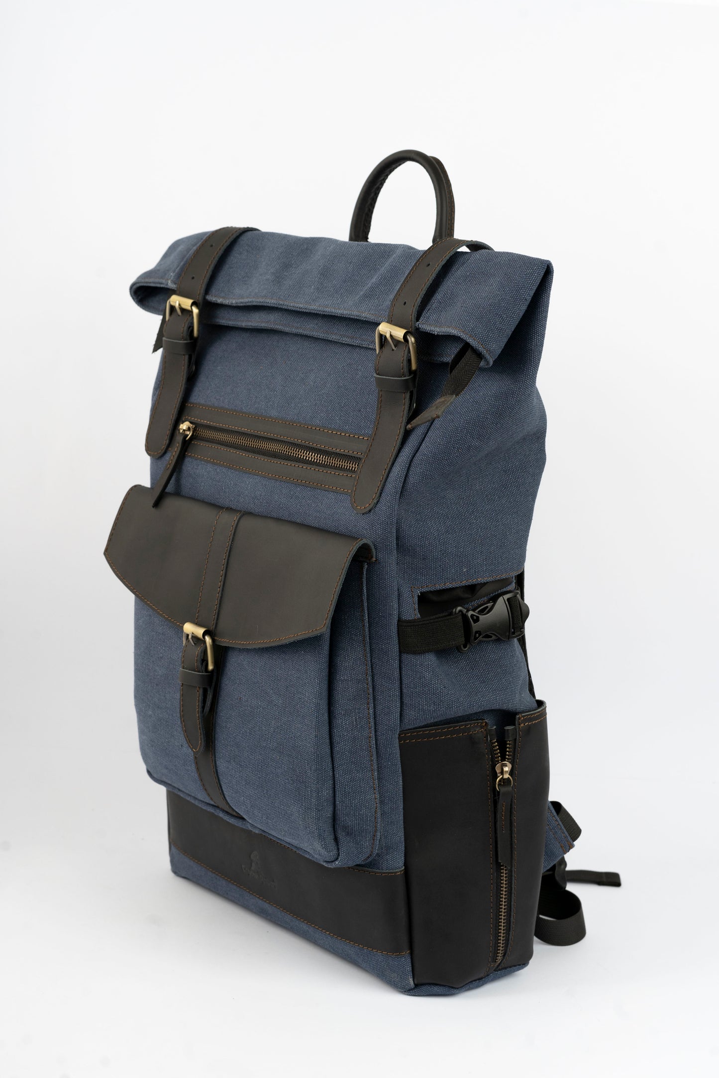 Rolltop vintage backpack''100% Cotton canvas & Cow leather'' – Navy Blue