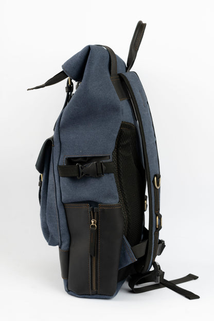 Rolltop vintage backpack''100% Cotton canvas & Cow leather'' – Navy Blue