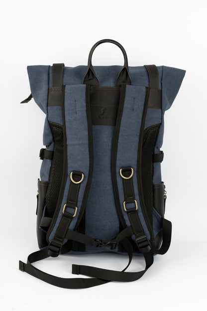 Rolltop vintage backpack''100% Cotton canvas & Cow leather'' – Navy Blue