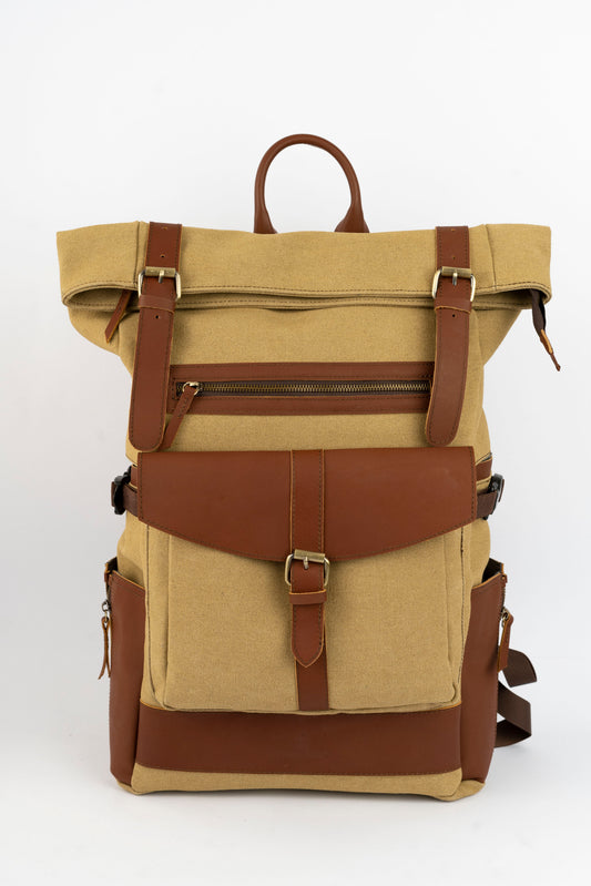 Rolltop vintage backpack''100% Cotton canvas & Cow leather'' – Tan