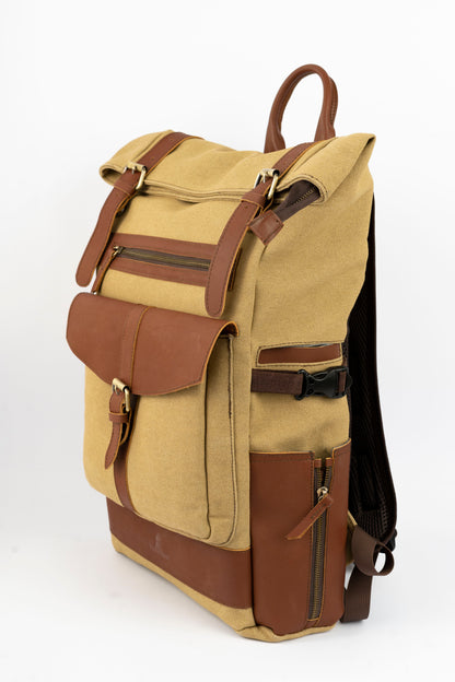 Rolltop vintage backpack''100% Cotton canvas & Cow leather'' – Tan