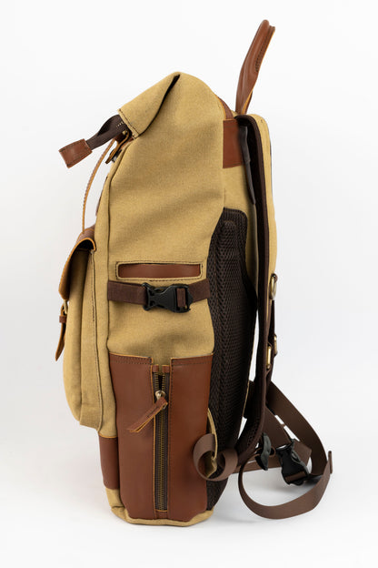 Rolltop vintage backpack''100% Cotton canvas & Cow leather'' – Tan