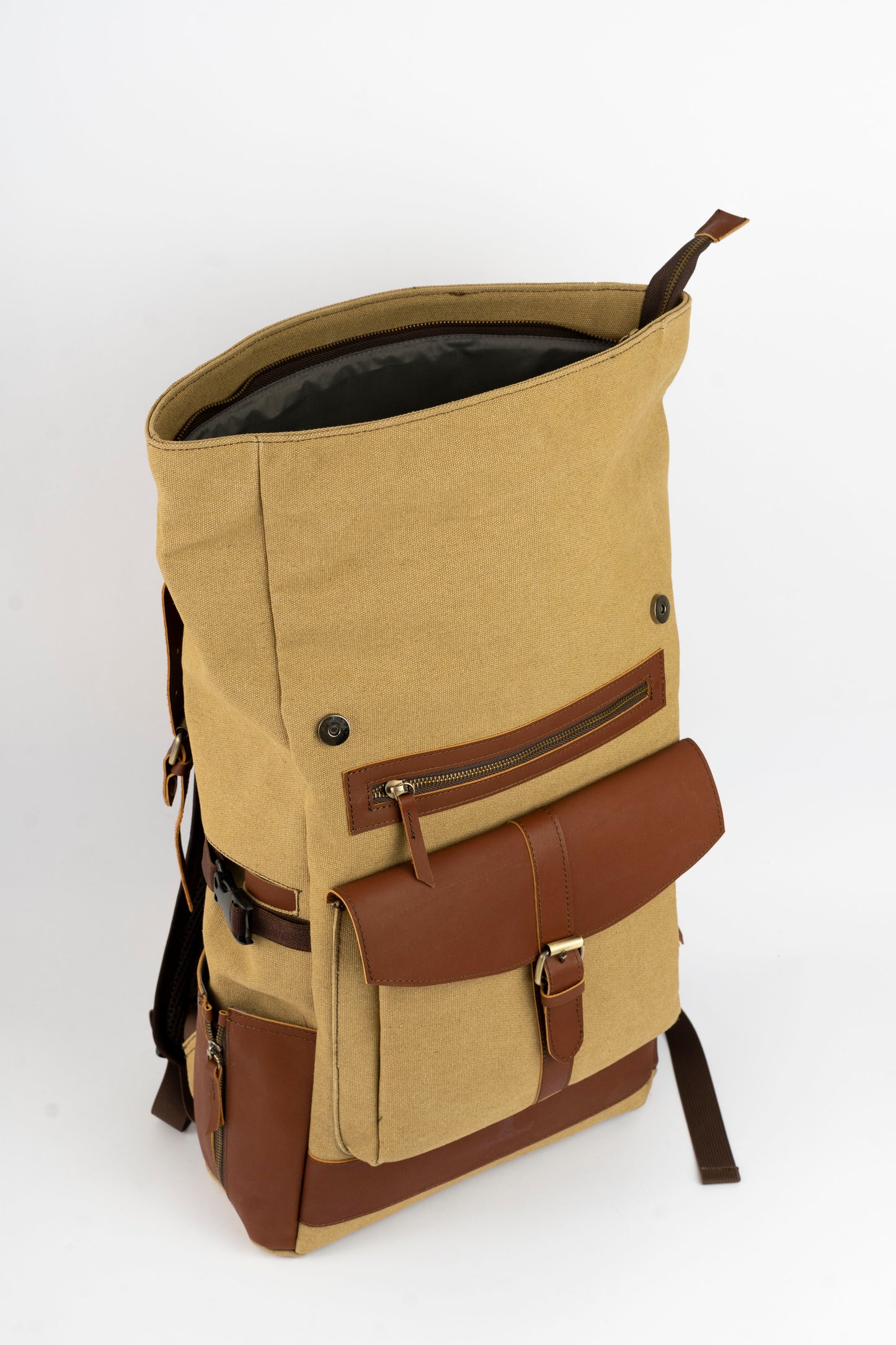Rolltop vintage backpack''100% Cotton canvas & Cow leather'' – Tan