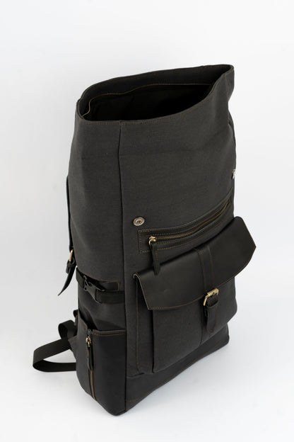 Rolltop vintage backpack''100% Cotton canvas & Cow leather'' – Black
