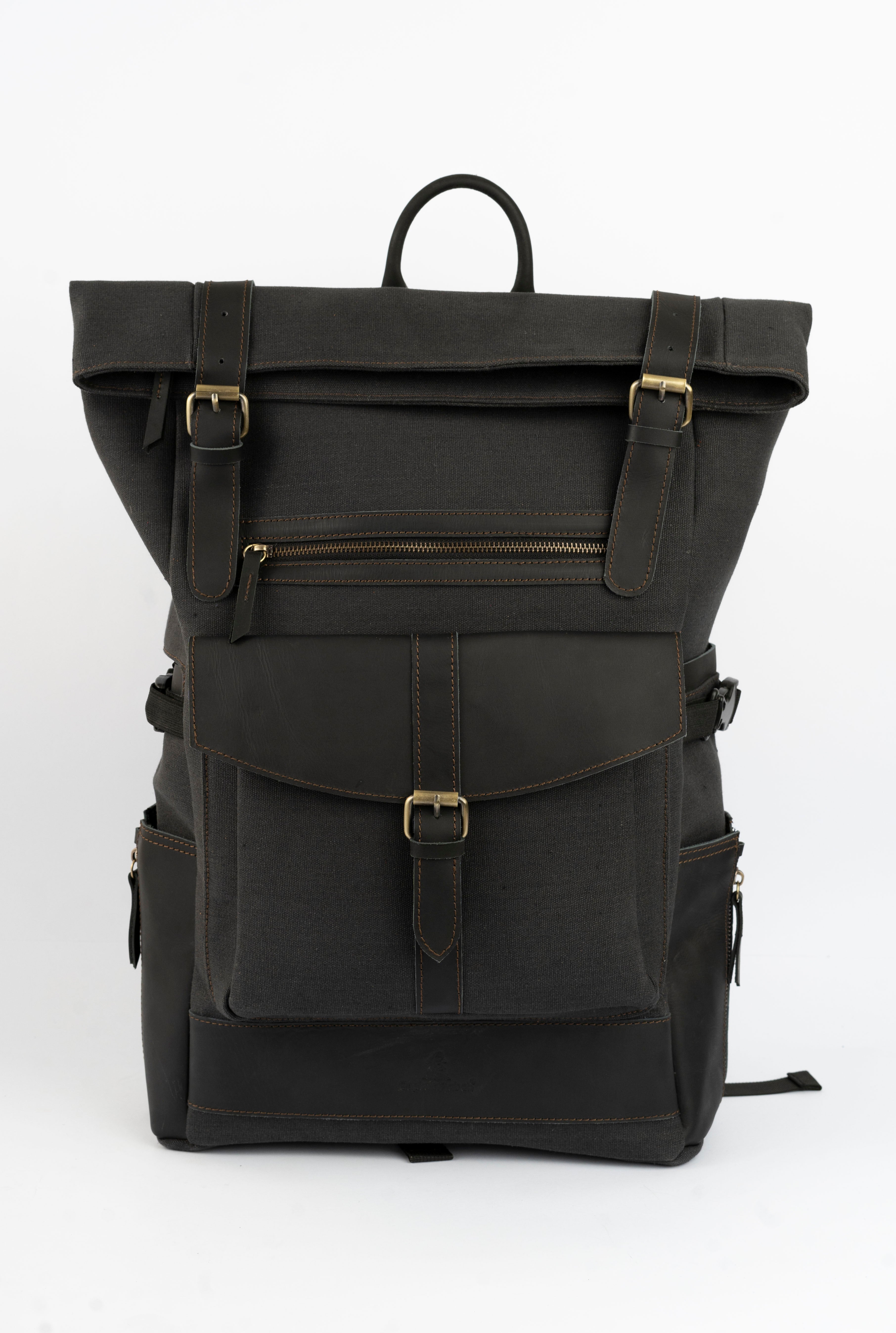 Luca Captain Rabeh Rolltop vintage backpack''100% Cotton canvas & Cow leather'' – Black ...