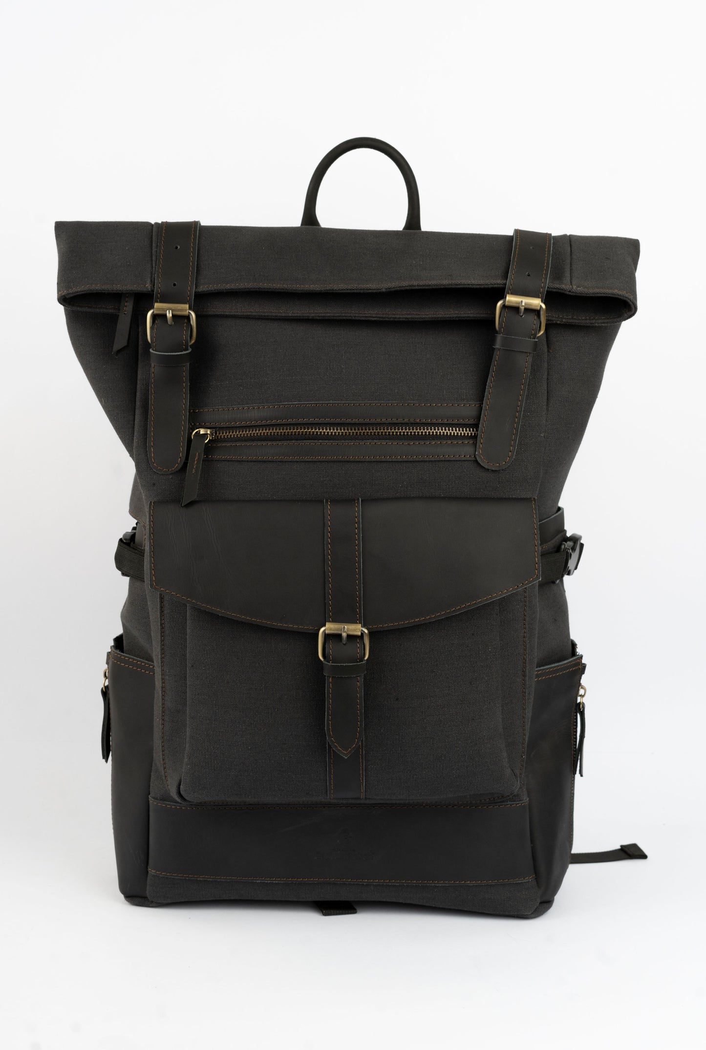 Rolltop vintage backpack''100% Cotton canvas & Cow leather'' – Black