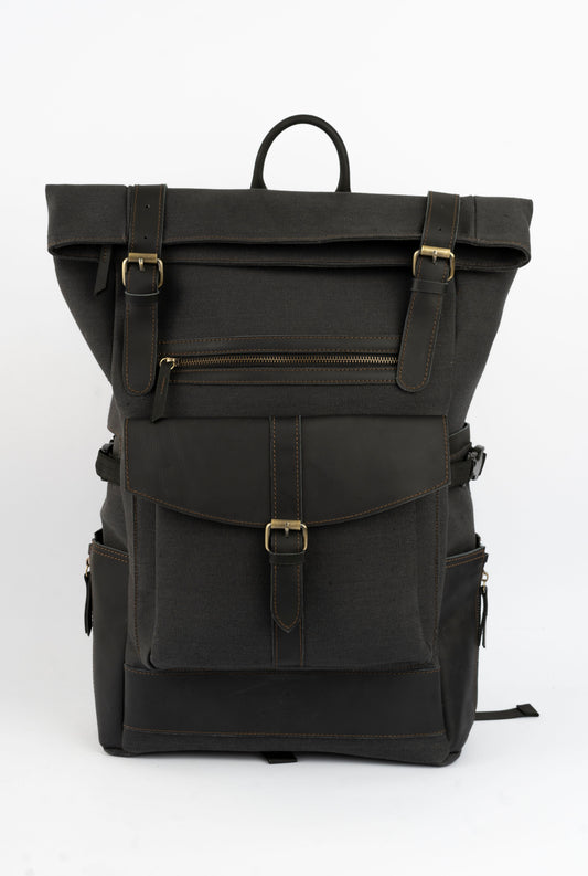 Rolltop vintage backpack''100% Cotton canvas & Cow leather'' – Black