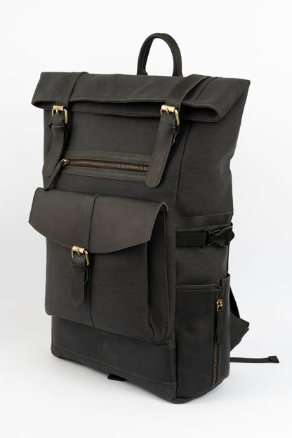 Rolltop vintage backpack''100% Cotton canvas & Cow leather'' – Black
