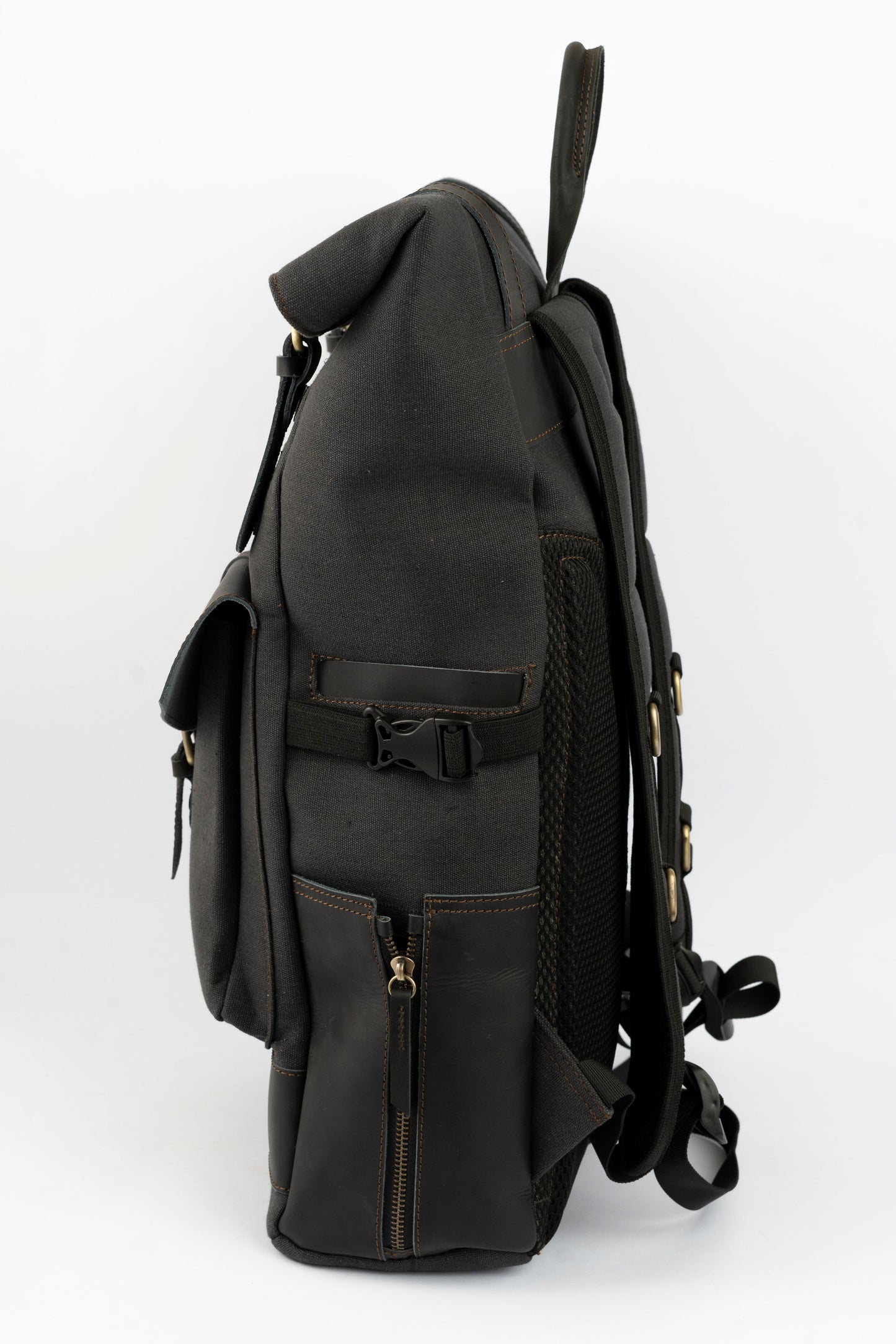 Rolltop vintage backpack''100% Cotton canvas & Cow leather'' – Black