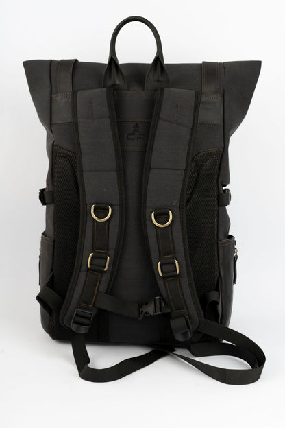 Rolltop vintage backpack''100% Cotton canvas & Cow leather'' – Black