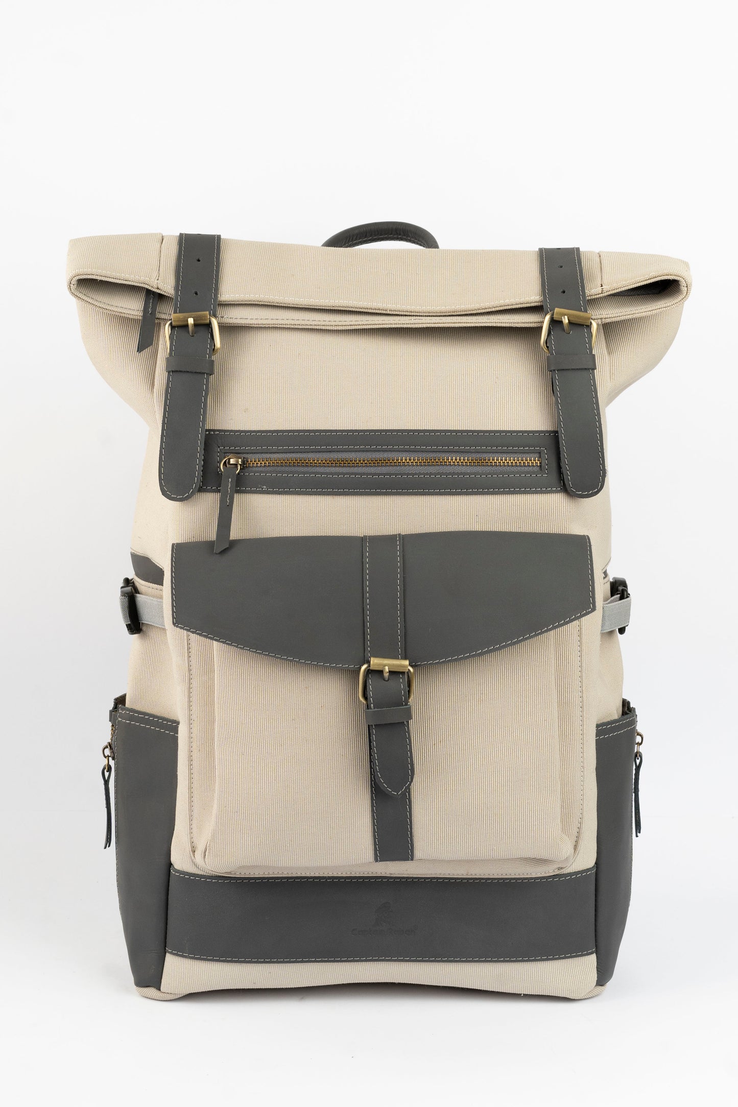 Rolltop vintage backpack''100% Cotton canvas & Cow leather'' – Beige