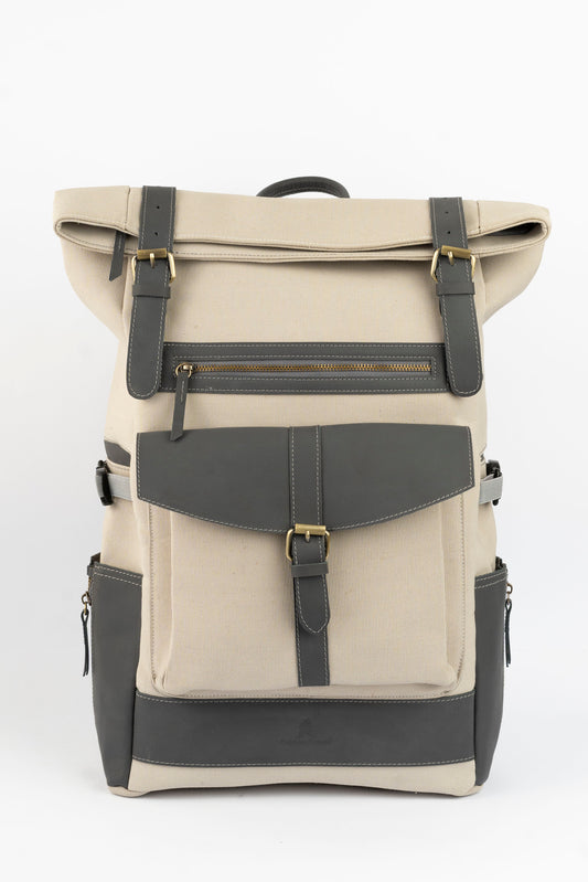 Rolltop vintage backpack''100% Cotton canvas & Cow leather'' – Beige