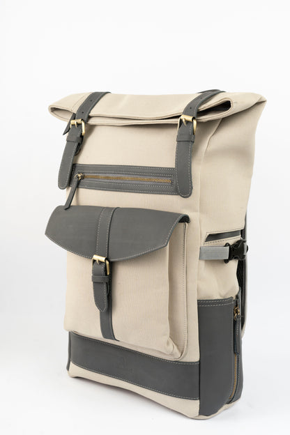 Rolltop vintage backpack''100% Cotton canvas & Cow leather'' – Beige