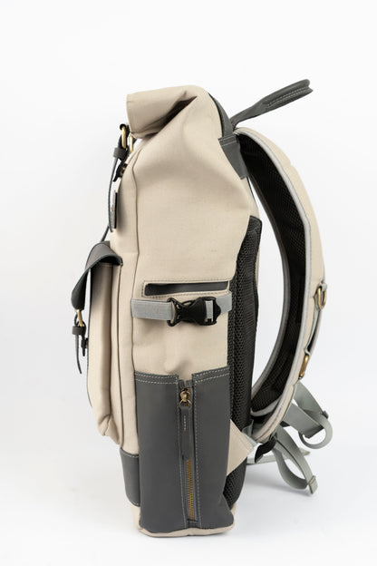 Rolltop vintage backpack''100% Cotton canvas & Cow leather'' – Beige