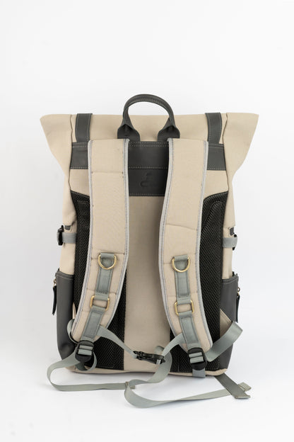 Rolltop vintage backpack''100% Cotton canvas & Cow leather'' – Beige