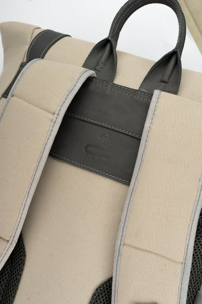 Rolltop vintage backpack''100% Cotton canvas & Cow leather'' – Beige